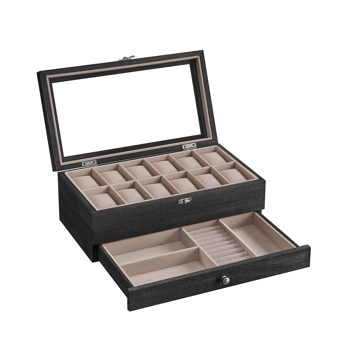Uhrenbox mit 12 Fächern aus Massivholz mit Glasdeckel Geschenkidee